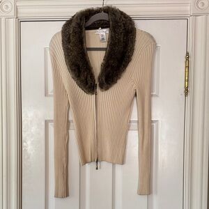 Anne Klein Cream Cardigan with Faux Fur Collar